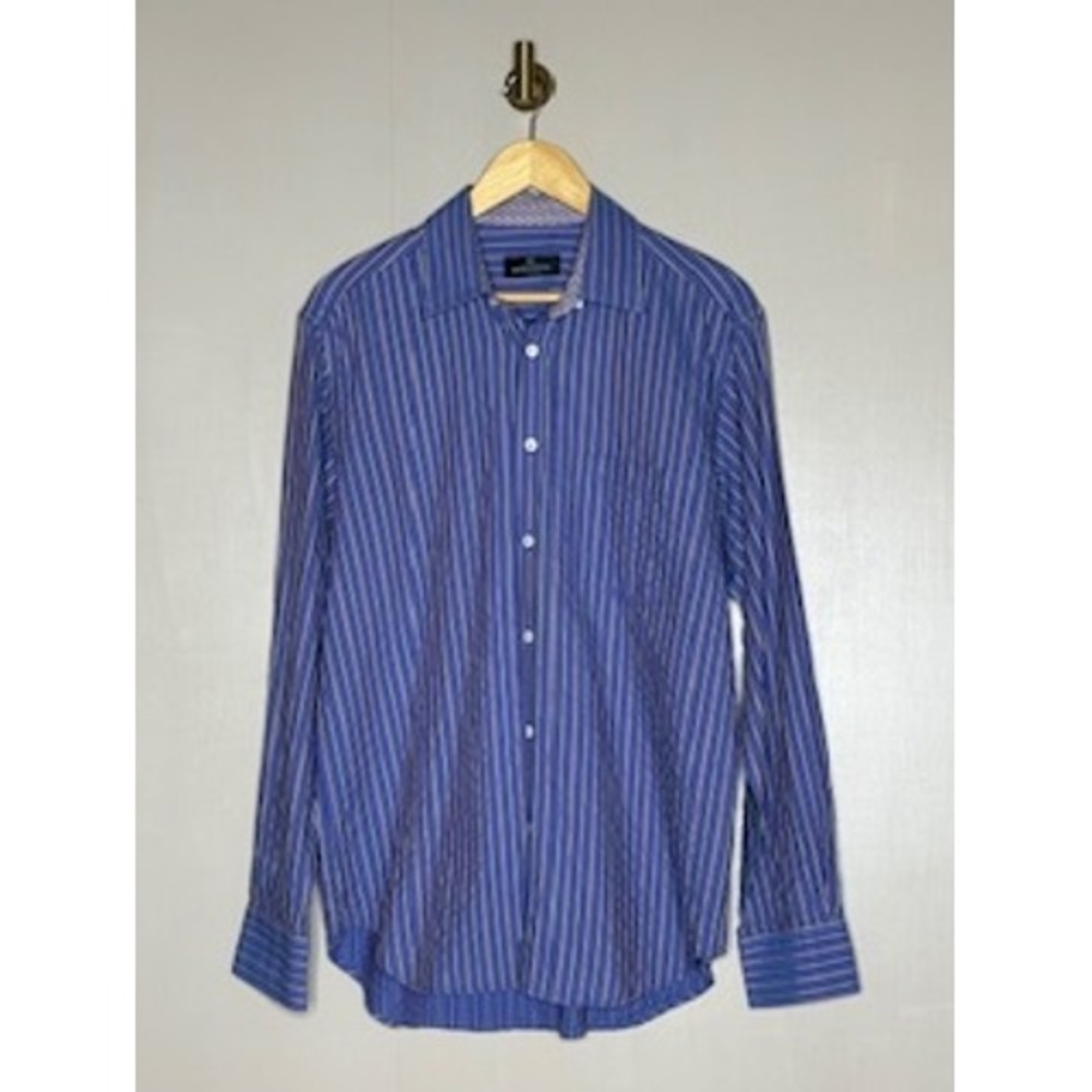 Bugatchi Uomo Shaped Fit Blue Purple Stripe Button Down Shirt L